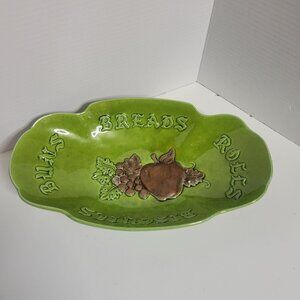 Vntg MCM Avocado Green Treasure Craft USA Ceramic 13.75" Bread Buns Rolls Servin